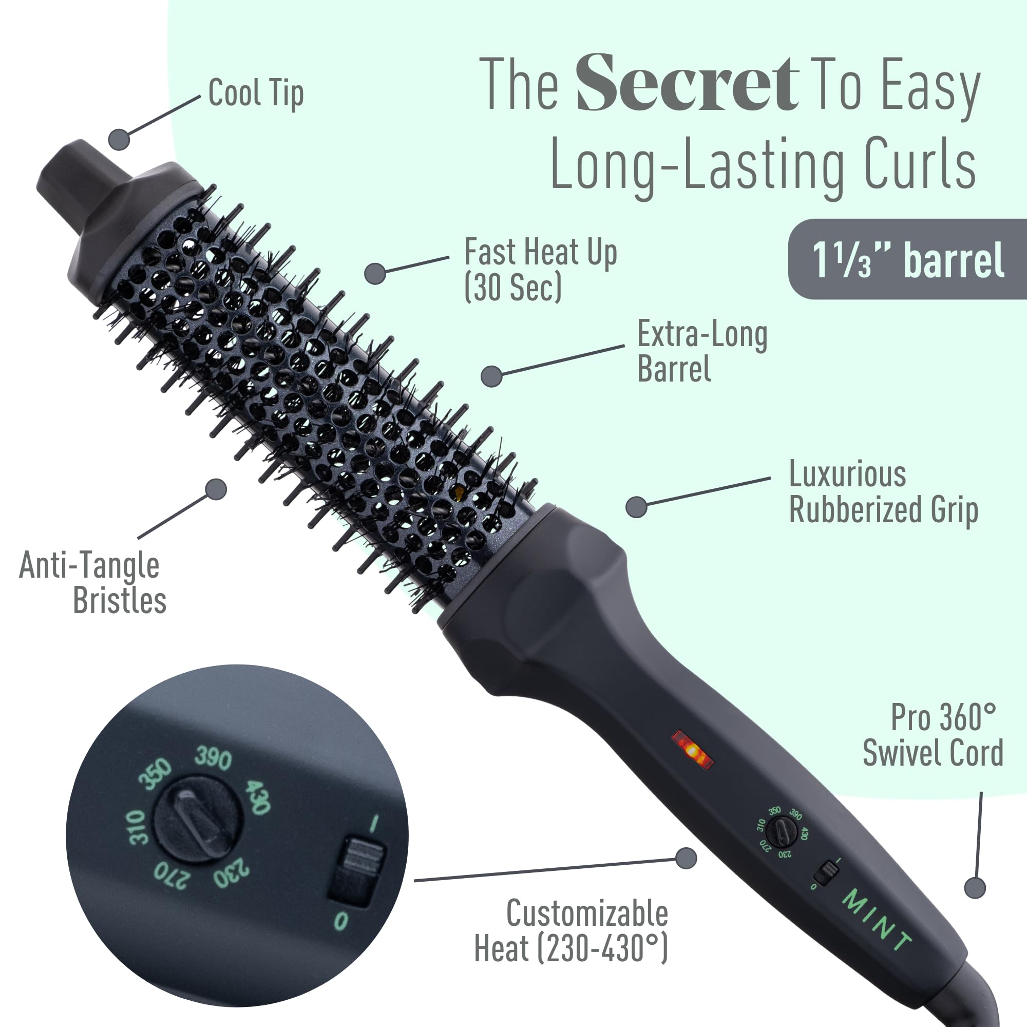 MINT brosse thermique poils anti-enchevêtrement — glisse douce pour des boucles définies.