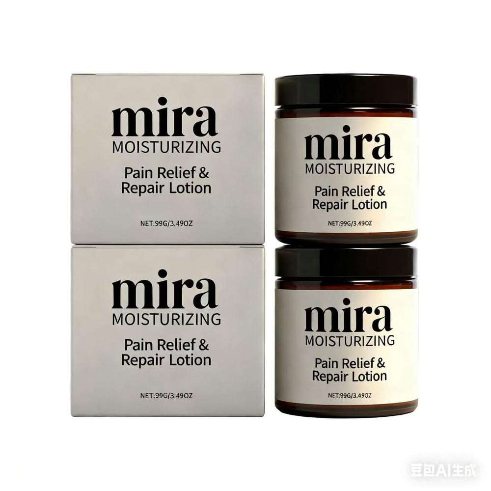 Mira Relief et Réparation: bouteille de lotion montrant sa texture légère et hydratante.