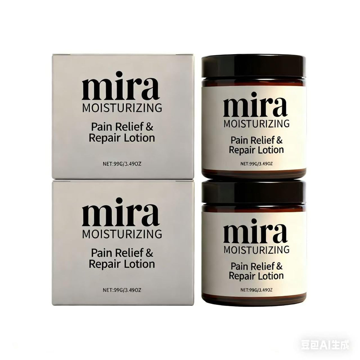 Mira Relief et Réparation: bouteille de lotion montrant sa texture légère et hydratante.