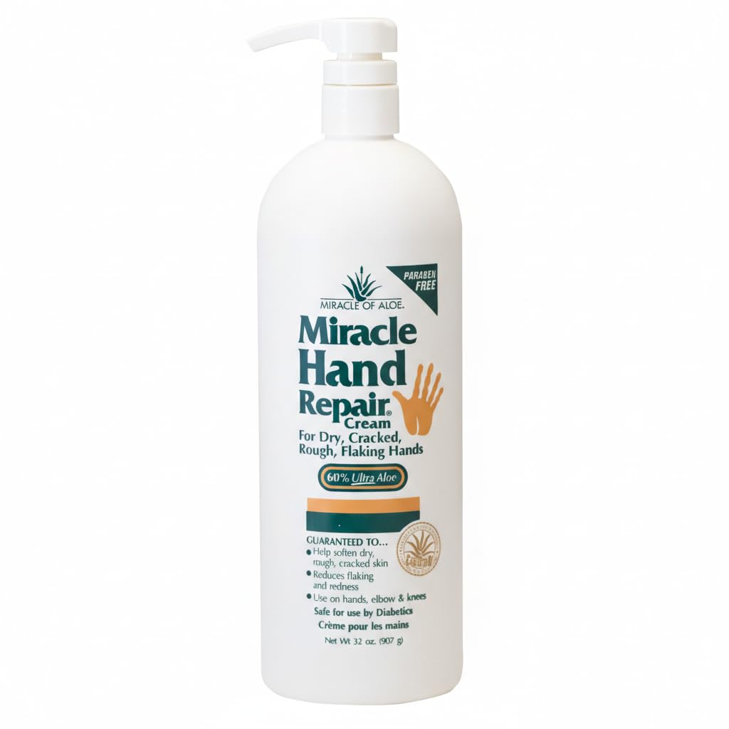 Miracle of Aloe – bouteille de crème mains montrant l'emballage et l'hydratation en profondeur