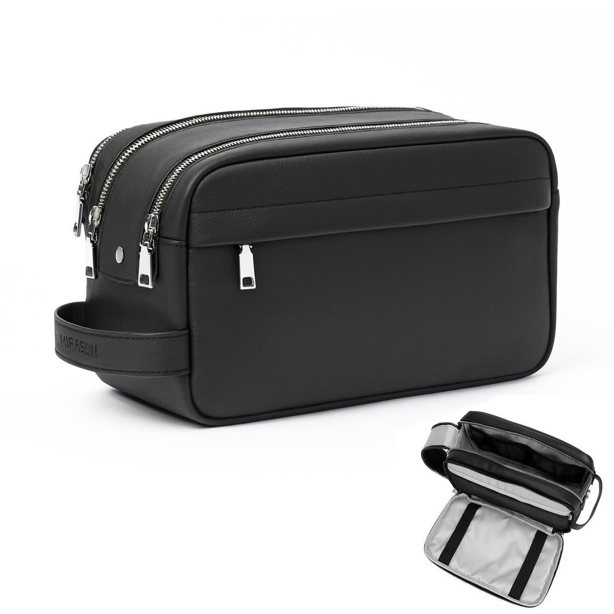 Sac de toilette MIRASON en cuir noir prêt pour le voyage et l'organisation.