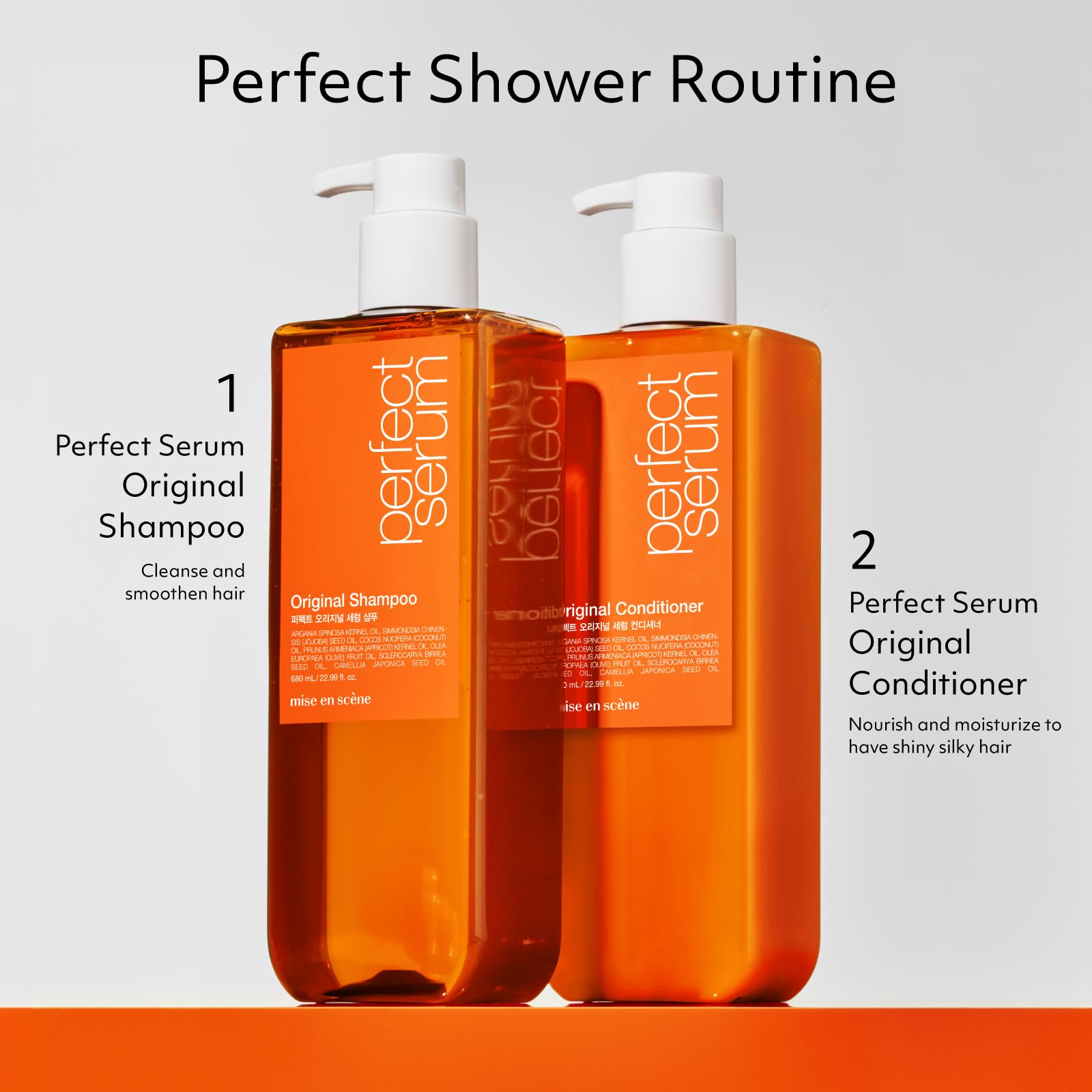 Floral citrus scent notes accompany Mise En Scene Perfect Serum Original Conditioner.