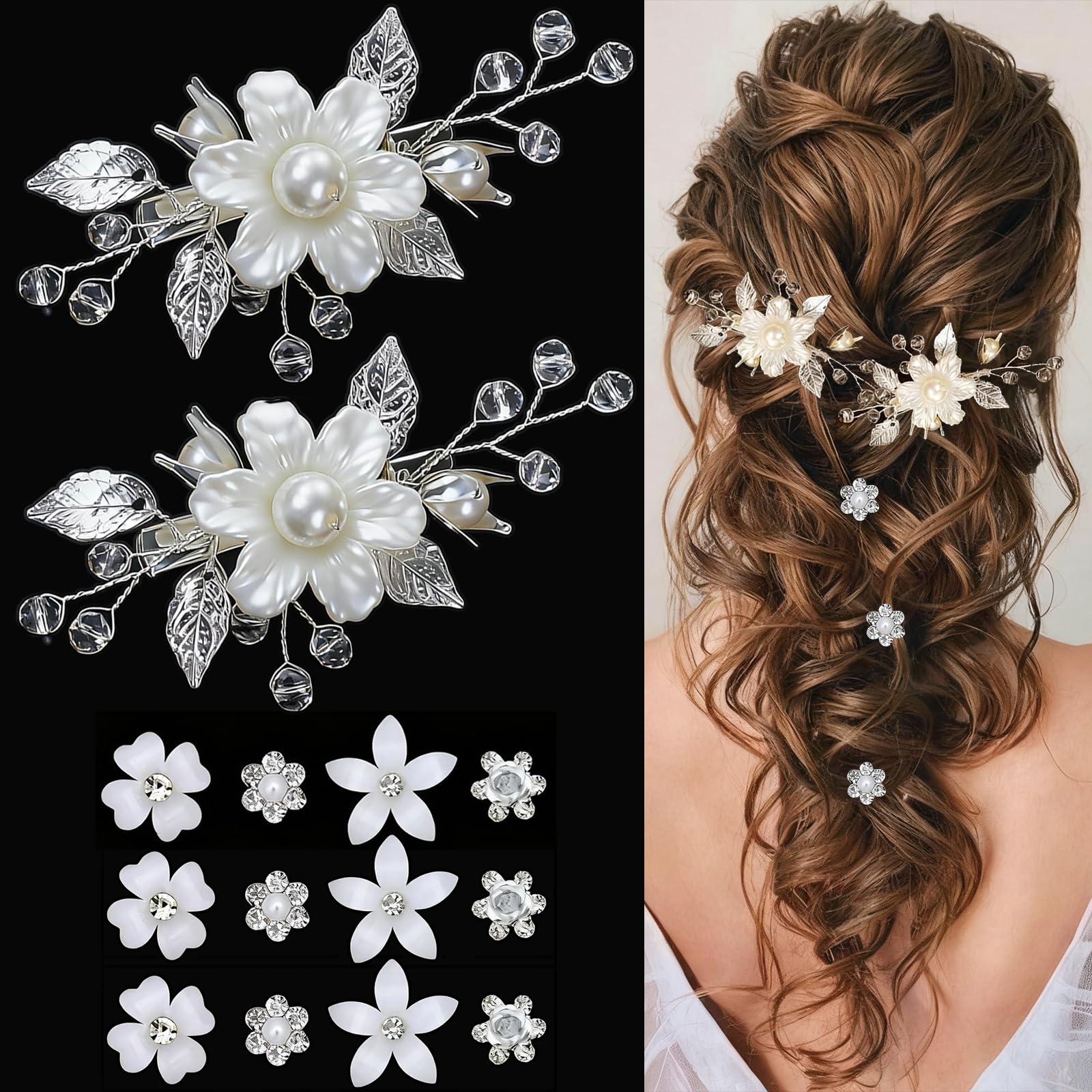 Barrette Miskate fleur blanche avec perle centrale pour une coiffure élégante.