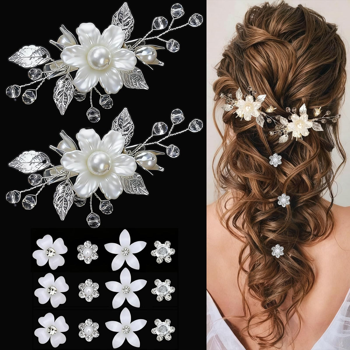 Barrette Miskate fleur blanche avec perle centrale pour une coiffure élégante.