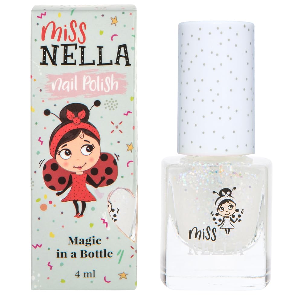 Miss Nella Confetti Clouds: bouteille transparente montrant le vernis clair pailleté.