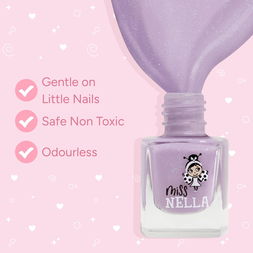 MISS NELLA Sweet Lavender paillettes : teinte lumineuse adaptée aux ongles des enfants.