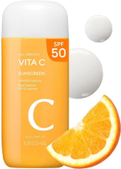 MISSHA All Around Vita C Sunscreen SPF50, flacon-visage, protection quotidienne efficace.