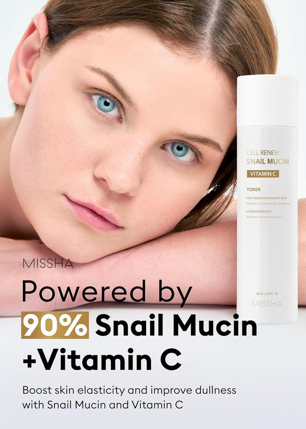 Tonique MISSHA Snail Mucin: étiquette visible et Vita Complex pour nourrir la peau.