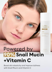Tonique MISSHA Snail Mucin: étiquette visible et Vita Complex pour nourrir la peau.