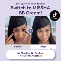 MISSHA Serum BB Cream en action sur peau, hydratation durable et fini naturel.
