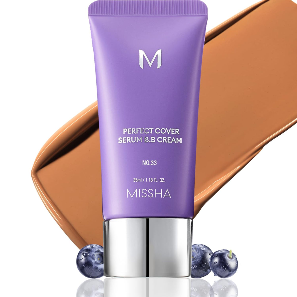 Missha M Perfect Cover Serum BB Crème No.33 Tan — flacon élégant pour teint lumineux.