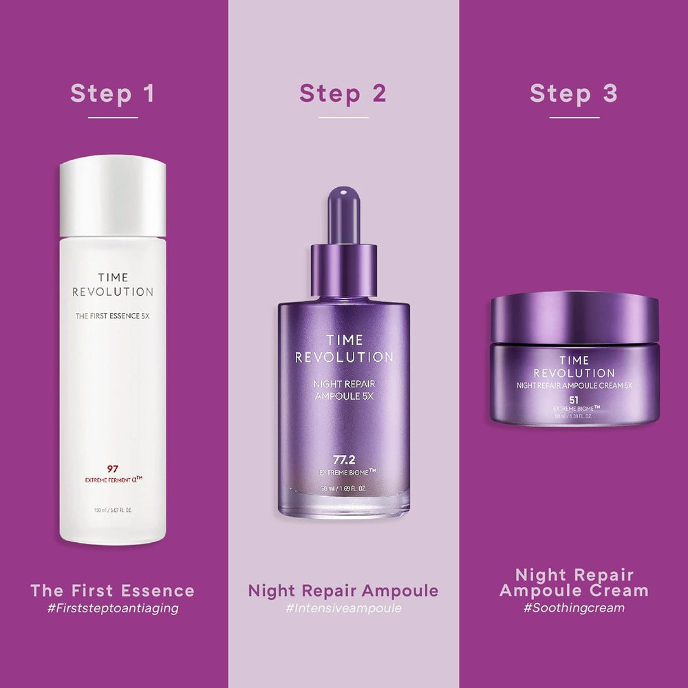MISSHA Time Revolution Nuit Ampoule Crème : avant/après suggéré par une utilisation nocturne.