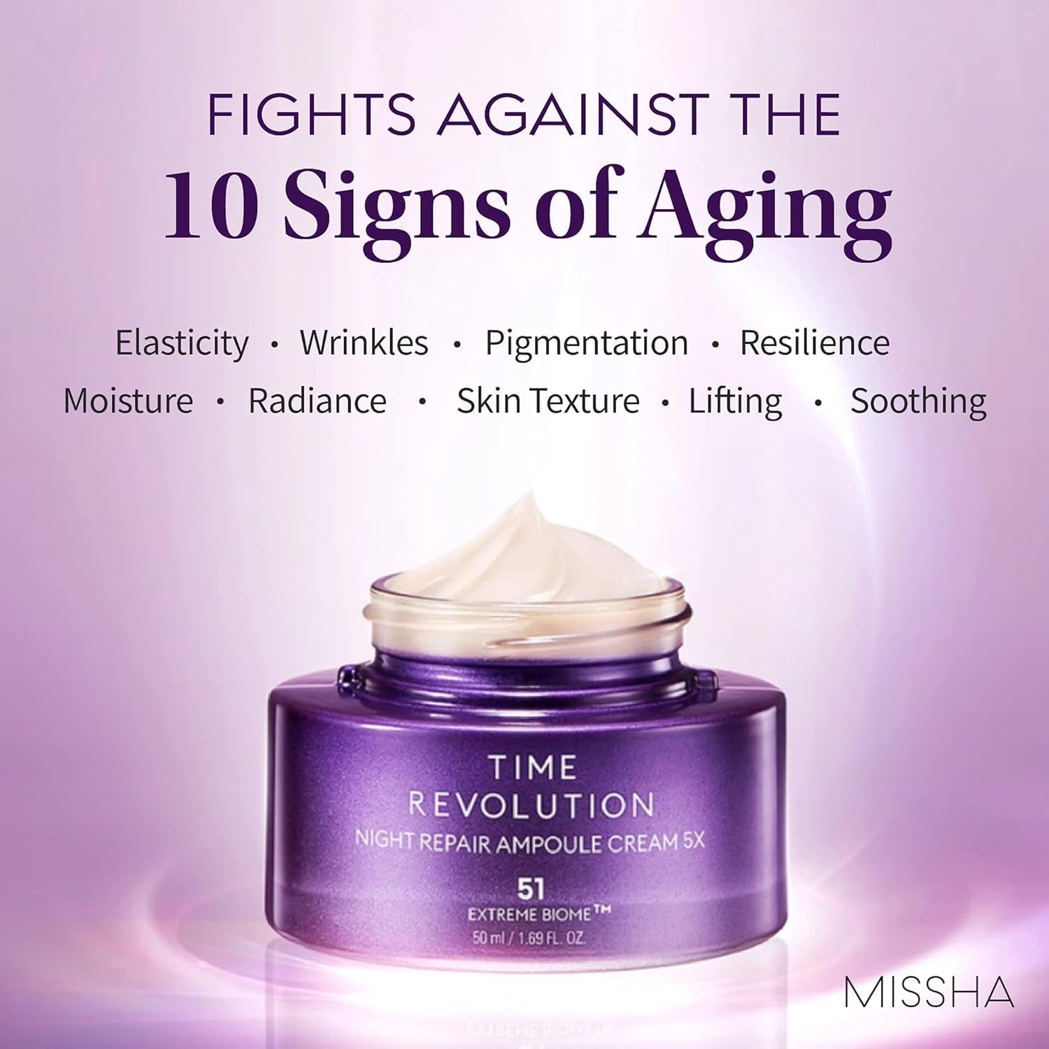 MISSHA Time Revolution Nuit Ampoule Crème : ingrédients clés comme huiles et extraits nourrissants.