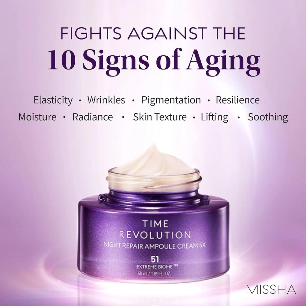 MISSHA Time Revolution Nuit Ampoule Crème : ingrédients clés comme huiles et extraits nourrissants.