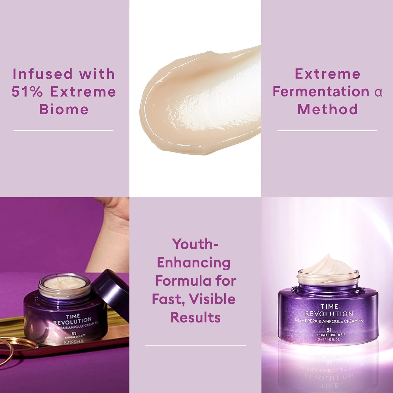MISSHA Time Revolution Nuit Ampoule Crème : texture crémeuse prête à être étalée sur la peau.