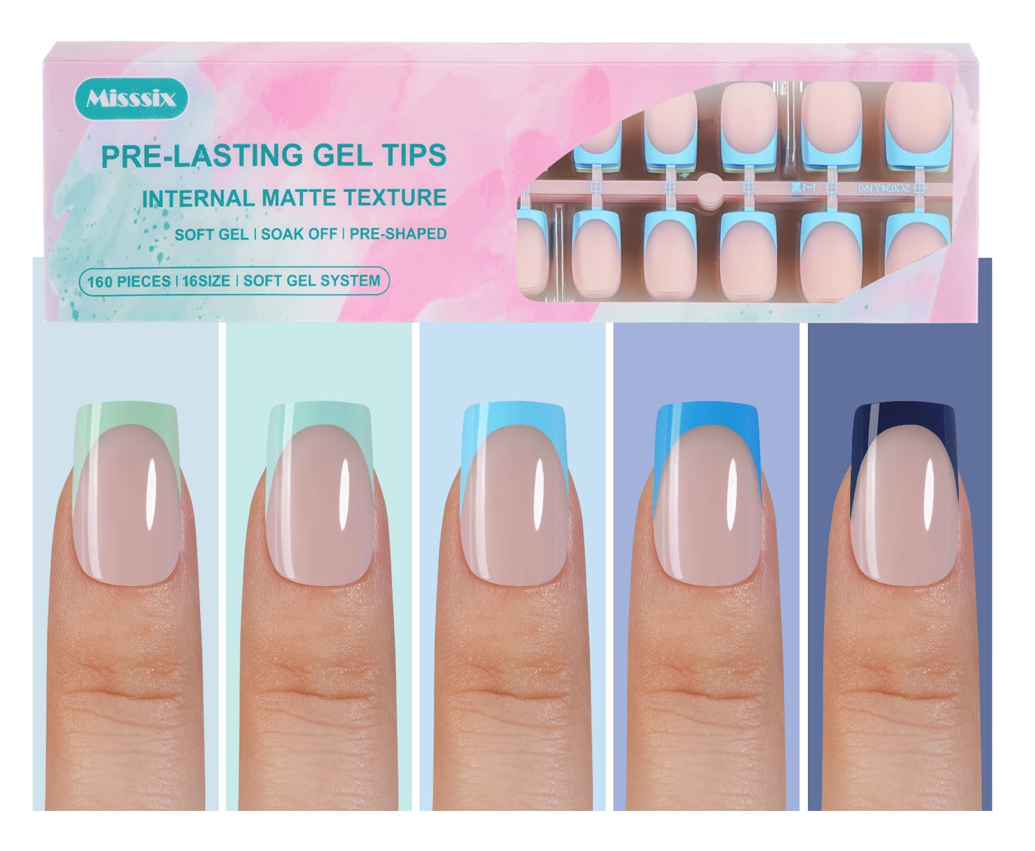Misssix gel-nail-tips bleu, pointe française courte, adhérence renforcée pour une pose rapide.