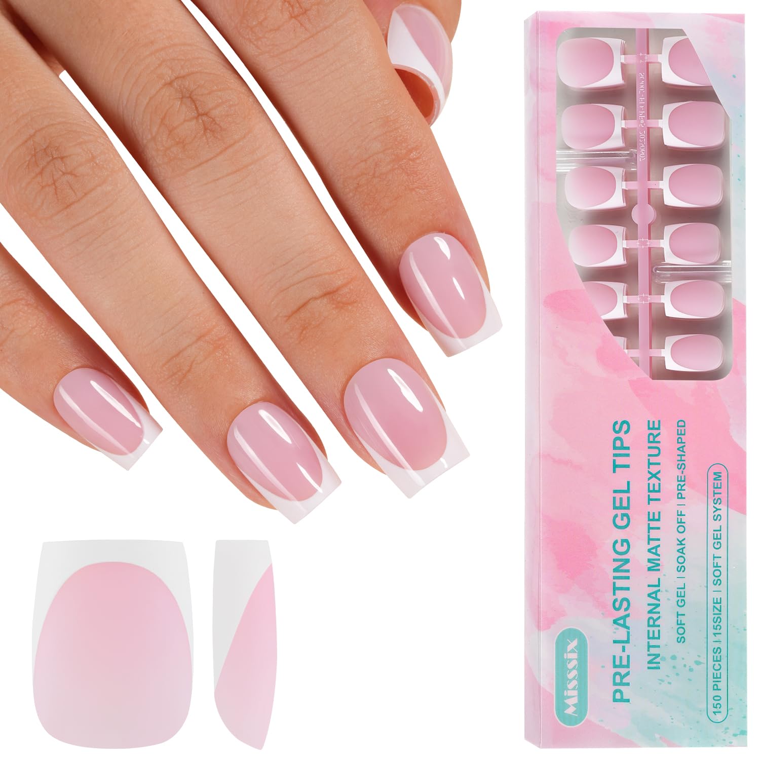 Misssix Ongles à pointe française rose, application rapide et facile.