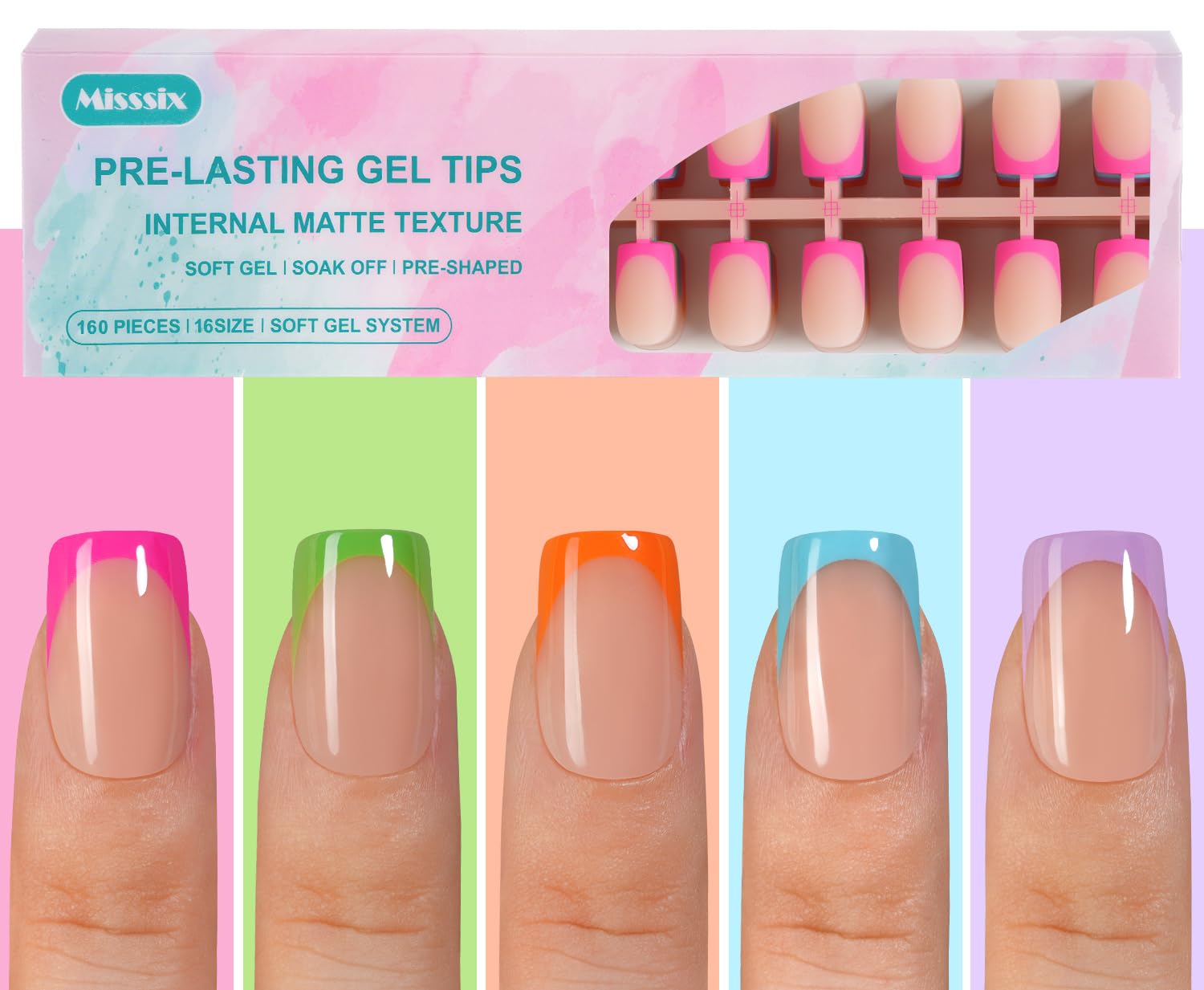 Misssix ongles gel français, pointe courte carrée pour pose rapide et précise.