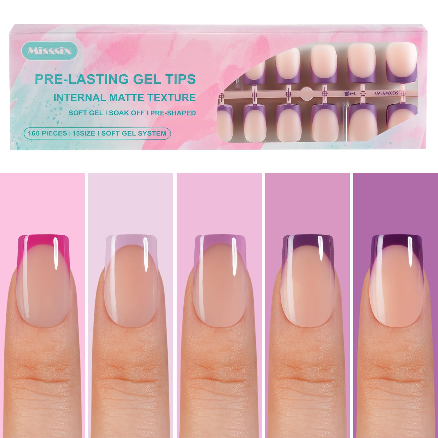 Ongles Misssix gel français violet pour pose rapide et élégante.