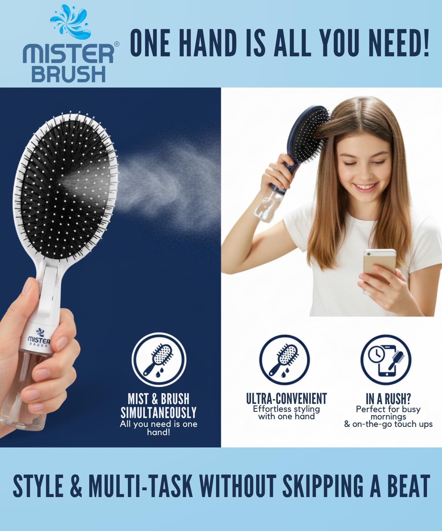 Mister Brush Navy - prise en main ergonomique pour une coiffure aisée.