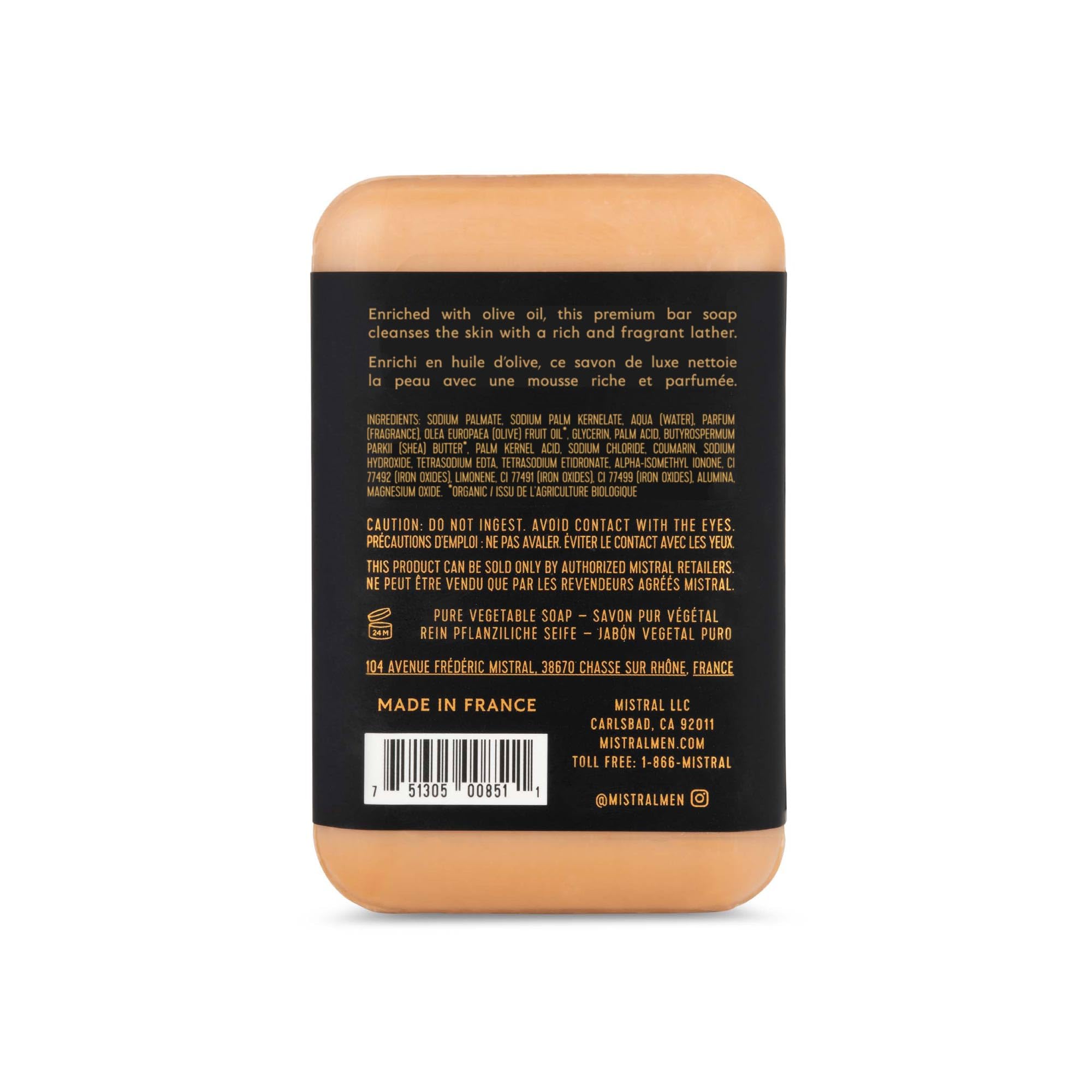 Procédé triple moulé — barre Mistral durable et mousse généreuse.