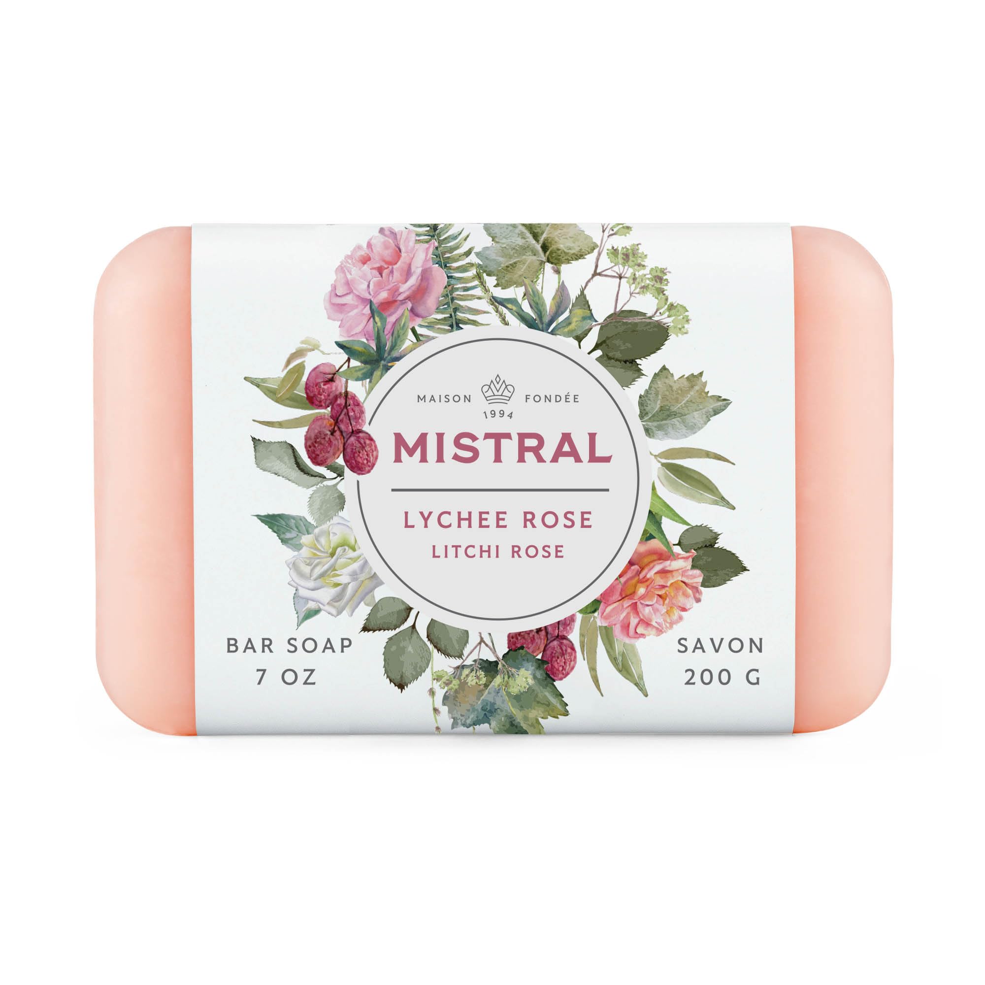 Savon Mistral barre classique au parfum litchi et rose, mousse riche.