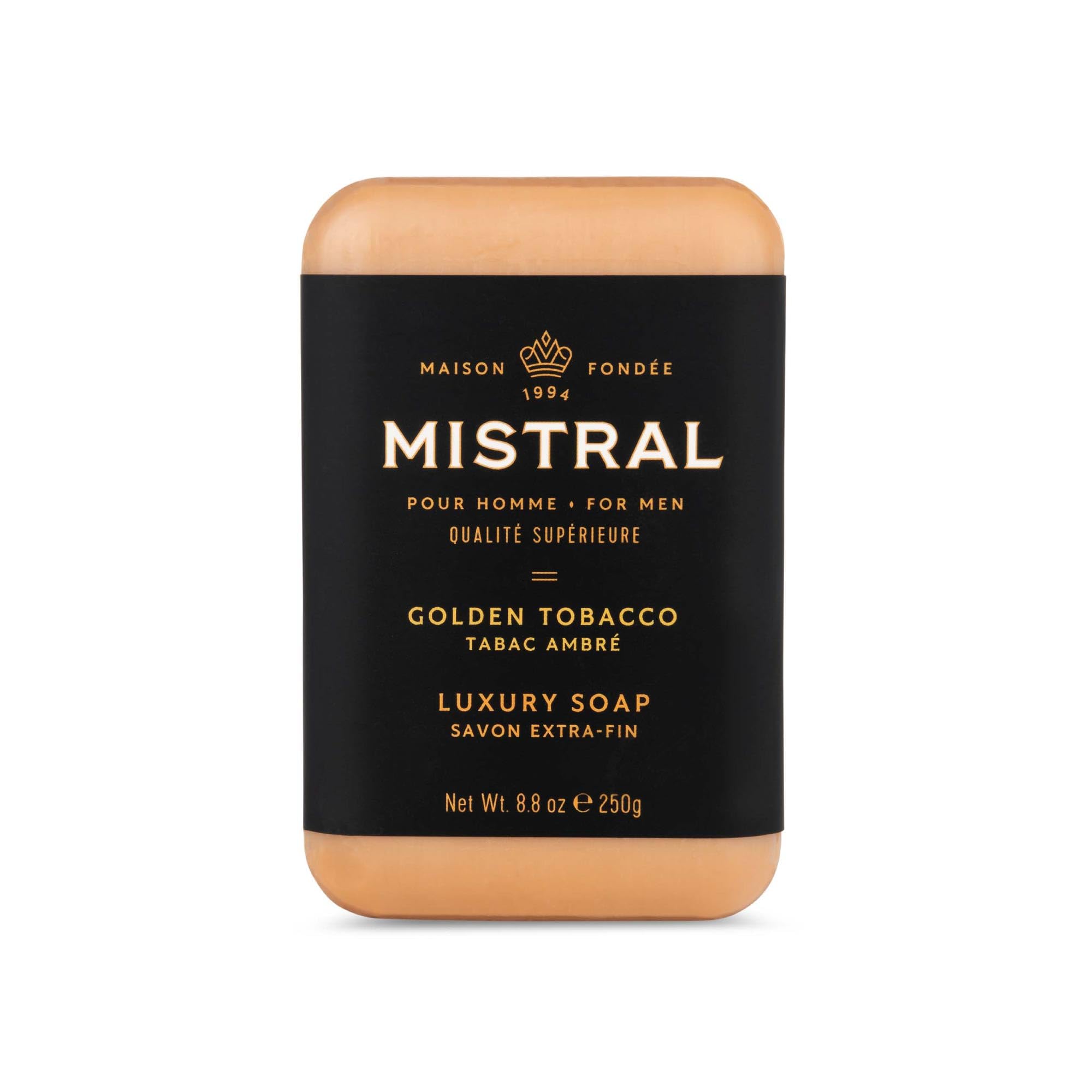 Savon Mistral barre dorée bergamot et lavande pour peau rafraîchie.