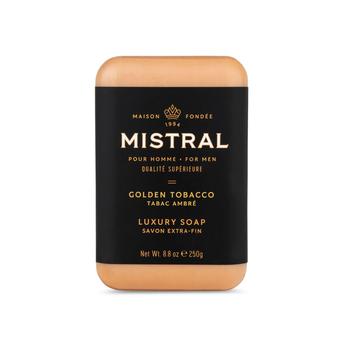 Savon Mistral barre dorée bergamot et lavande pour peau rafraîchie.