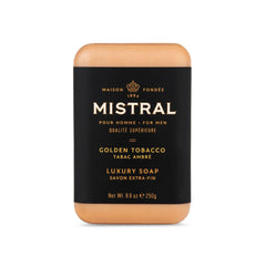 Savon Mistral barre dorée bergamot et lavande pour peau rafraîchie.