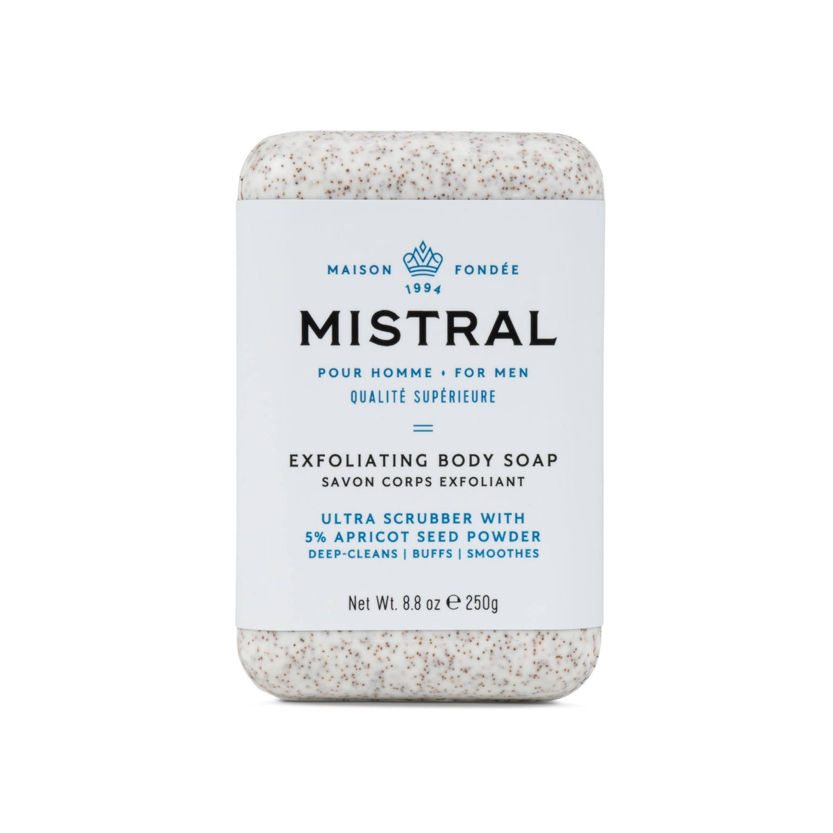 Mistral savon-barre exfoliant avec poudre d'abricot pour peau lisse et en relief