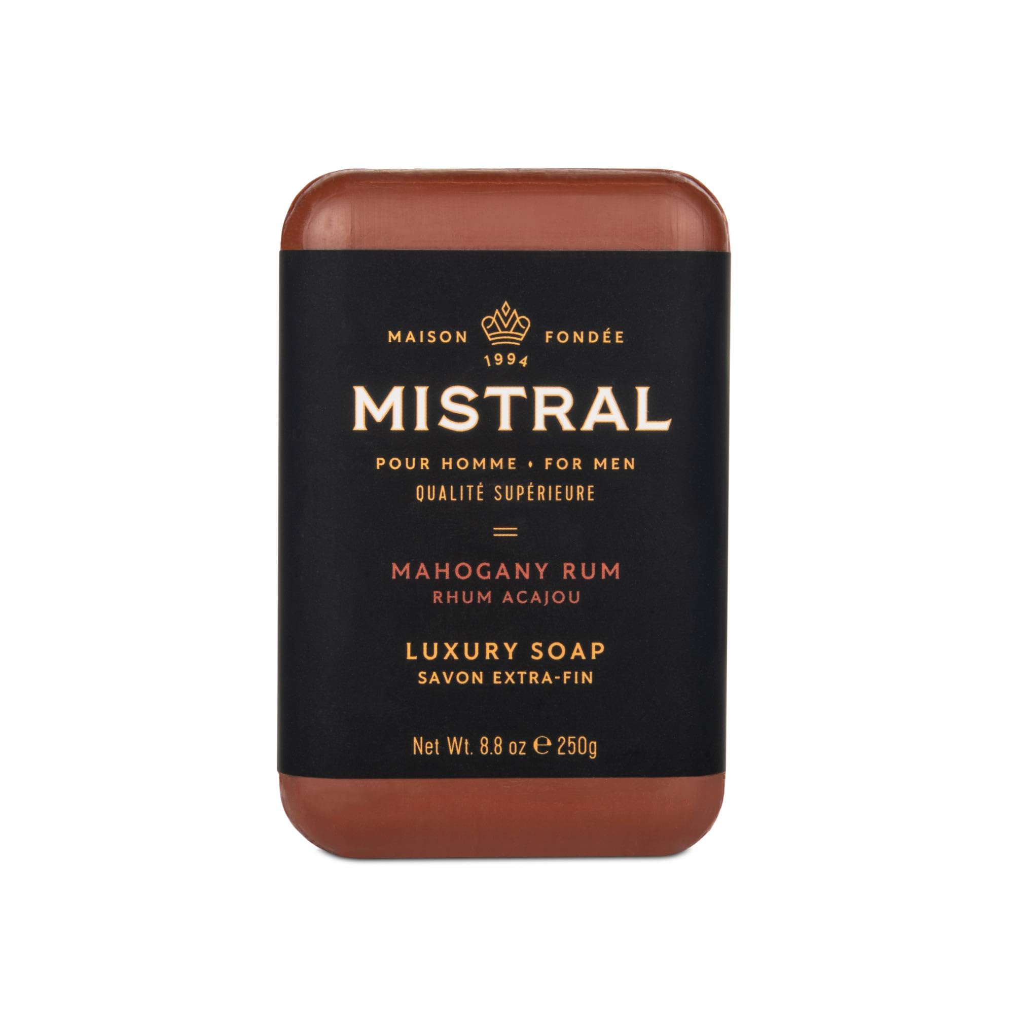 Mistral Mahogany Rum, savon-barre masculin avec parfum boisé, parfait pour le rituel quotidien.