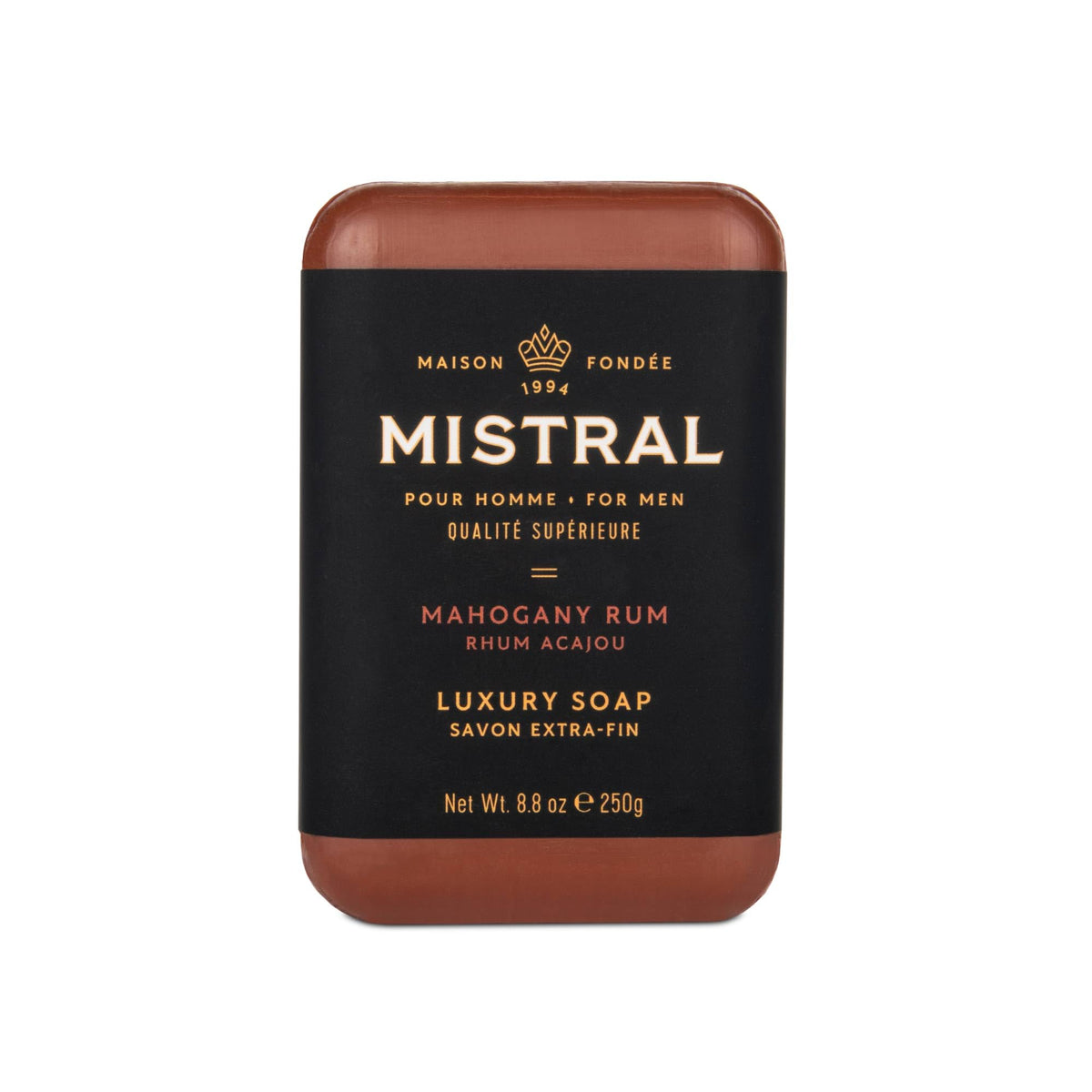 Mistral Mahogany Rum, savon-barre masculin avec parfum boisé, parfait pour le rituel quotidien.
