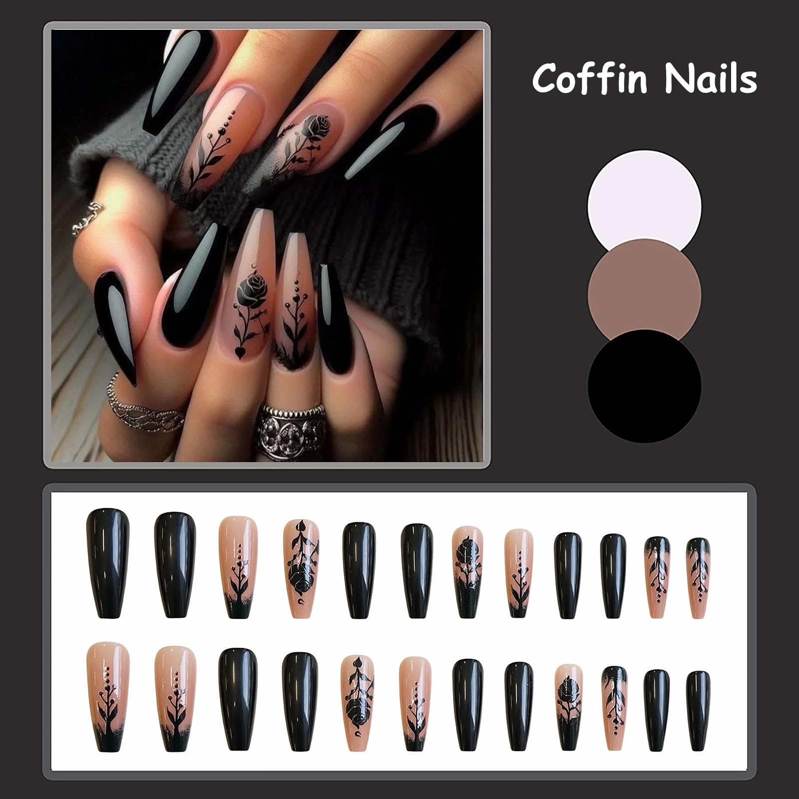 Ongles MISUD design gothique noir et rose, style audacieux.