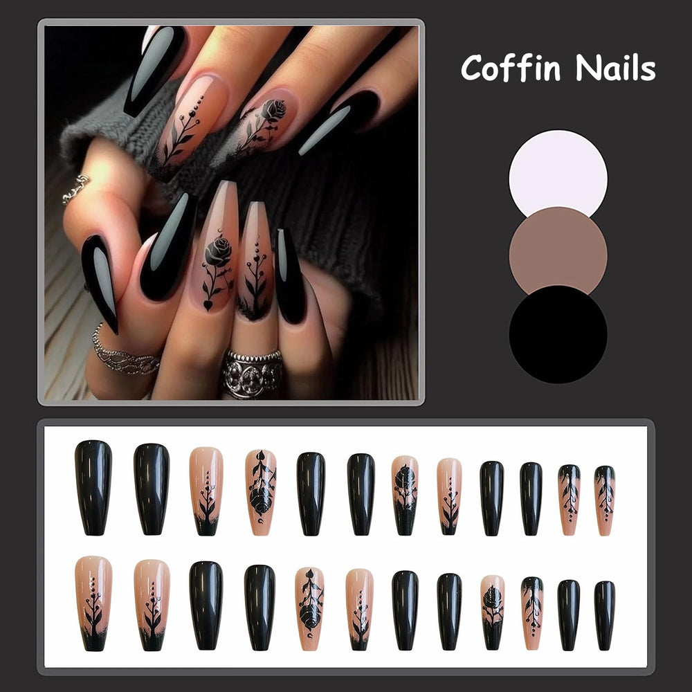 Ongles MISUD design gothique noir et rose, style audacieux.