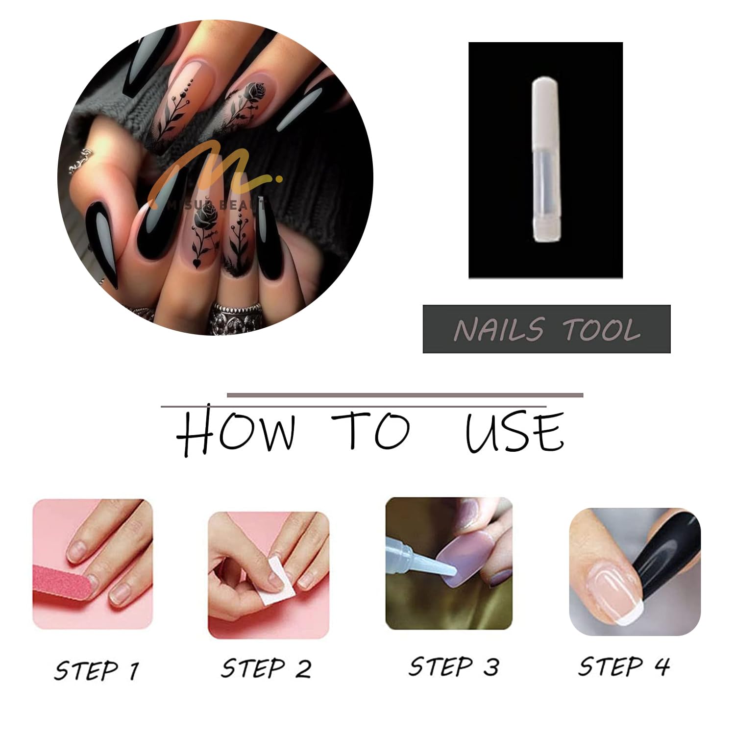 Ongles MISUD lot de 24 pièces, longue forme cercueil et tailles variées.