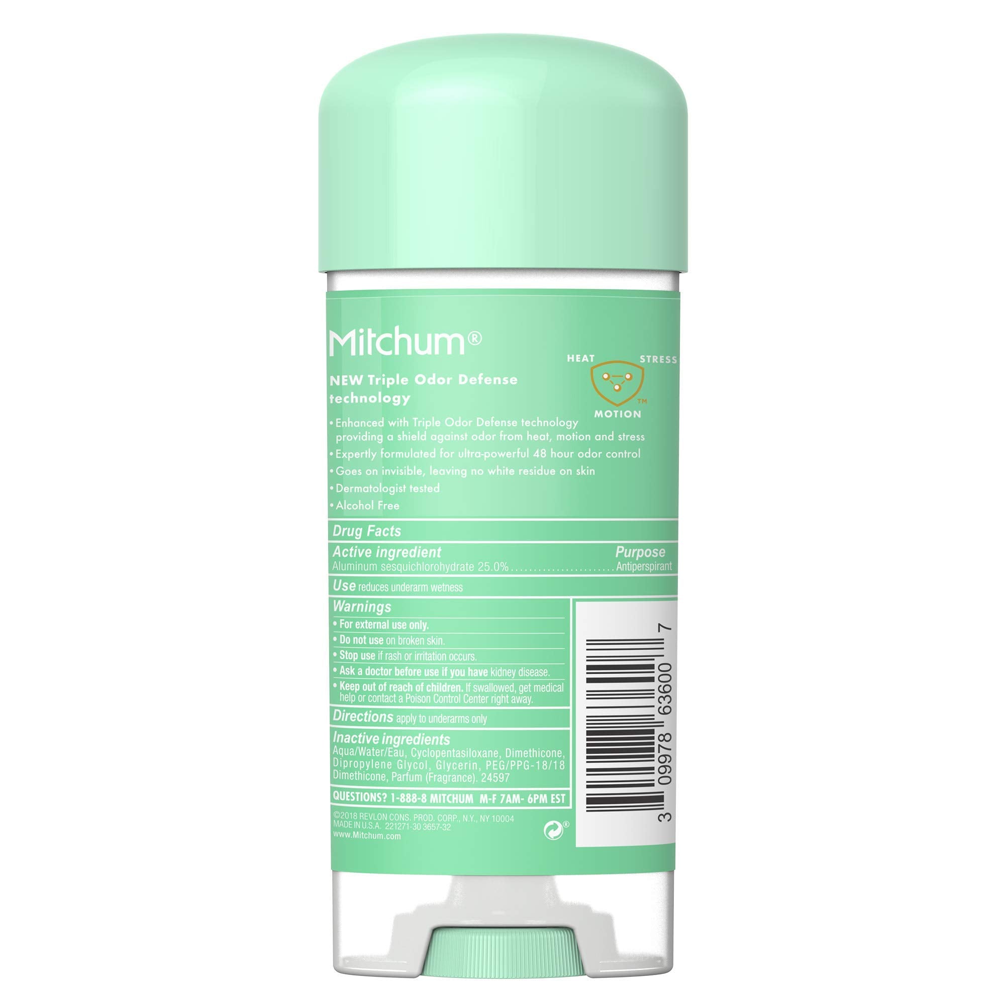 Gel clair Mitchum—texture douce et sensation rafraîchissante.