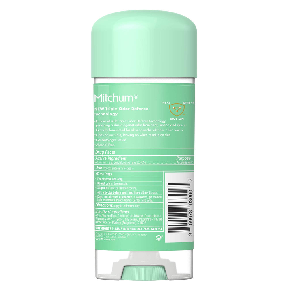 Gel clair Mitchum—texture douce et sensation rafraîchissante.