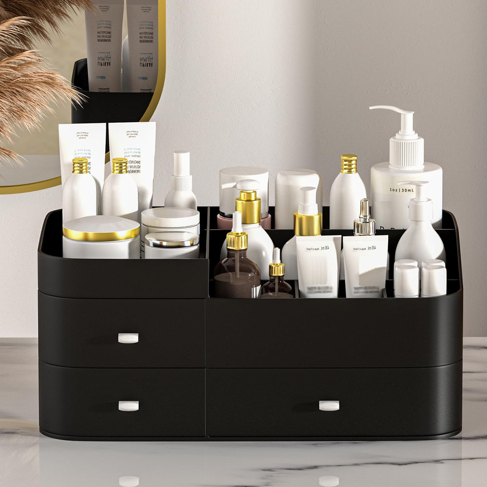 MIUOPUR Grand tiroir central pour ranger flacons et accessoires en toute sécurité.