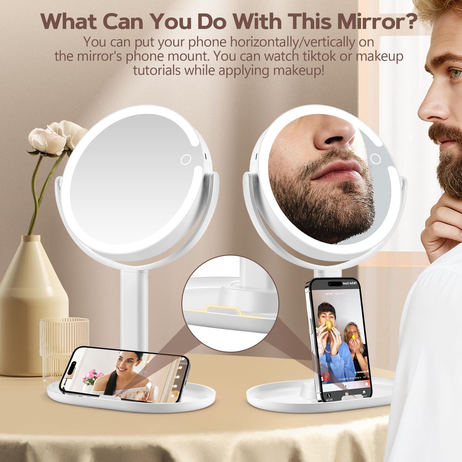 MIYADIVA Miroir avec batterie 3000mAh offrant une autonomie prolongée.
