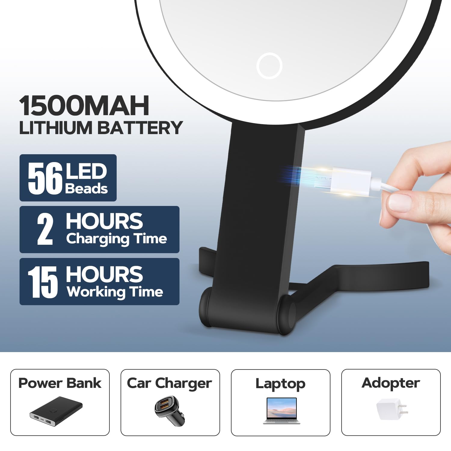 MIYADIVA Miroir avec charge USB-C, autonomie longue.