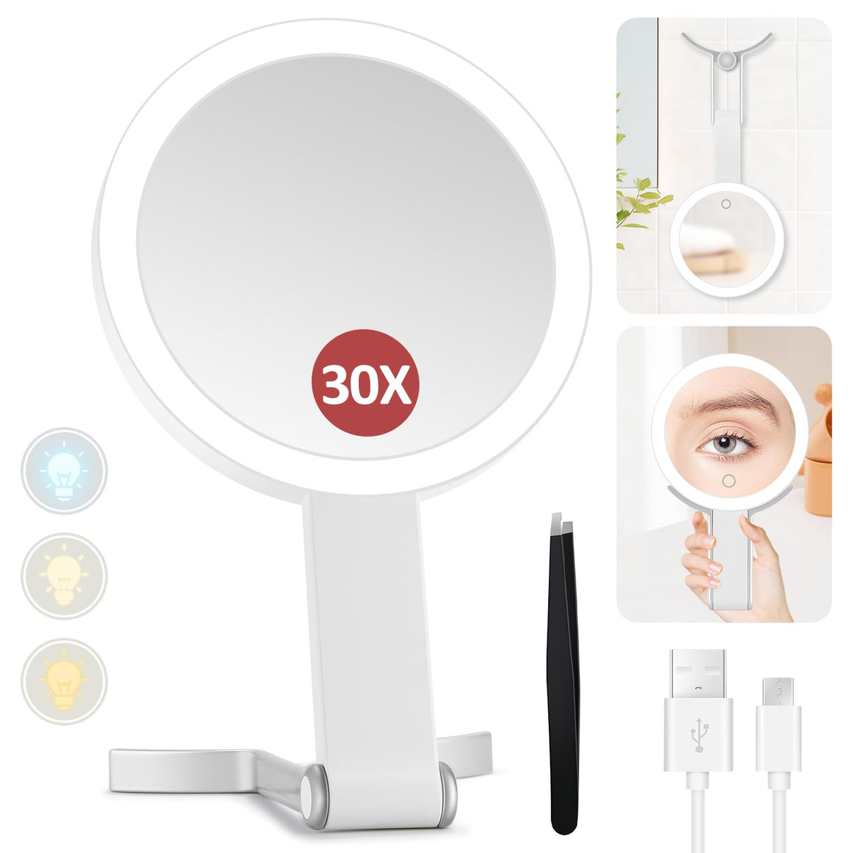 MIYADIVA Miroir lumineux 30x pour retouches précises et précision du maquillage.