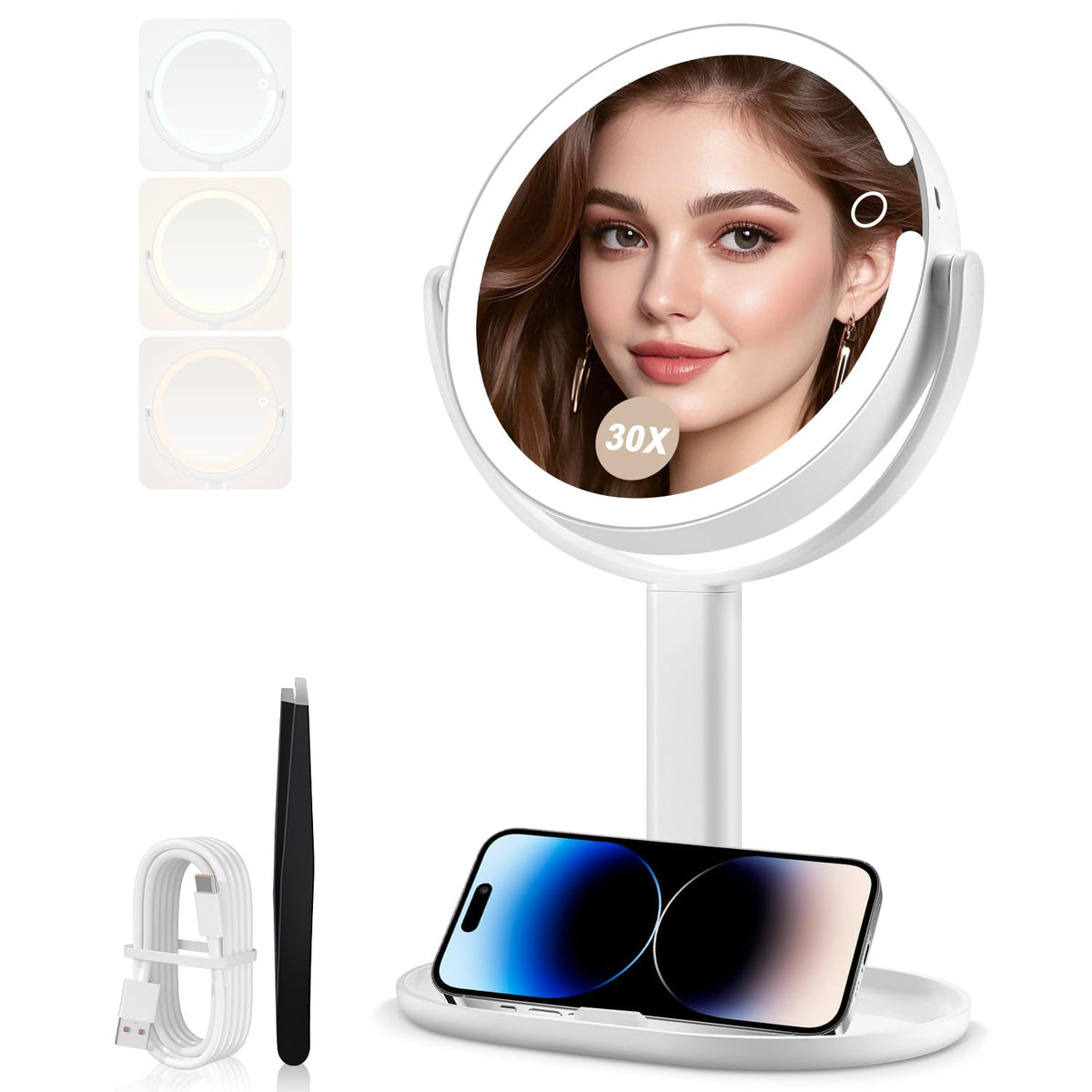 MIYADIVA Miroir Maquillage lumineux avec options 1x et 30x pour des retouches précises.