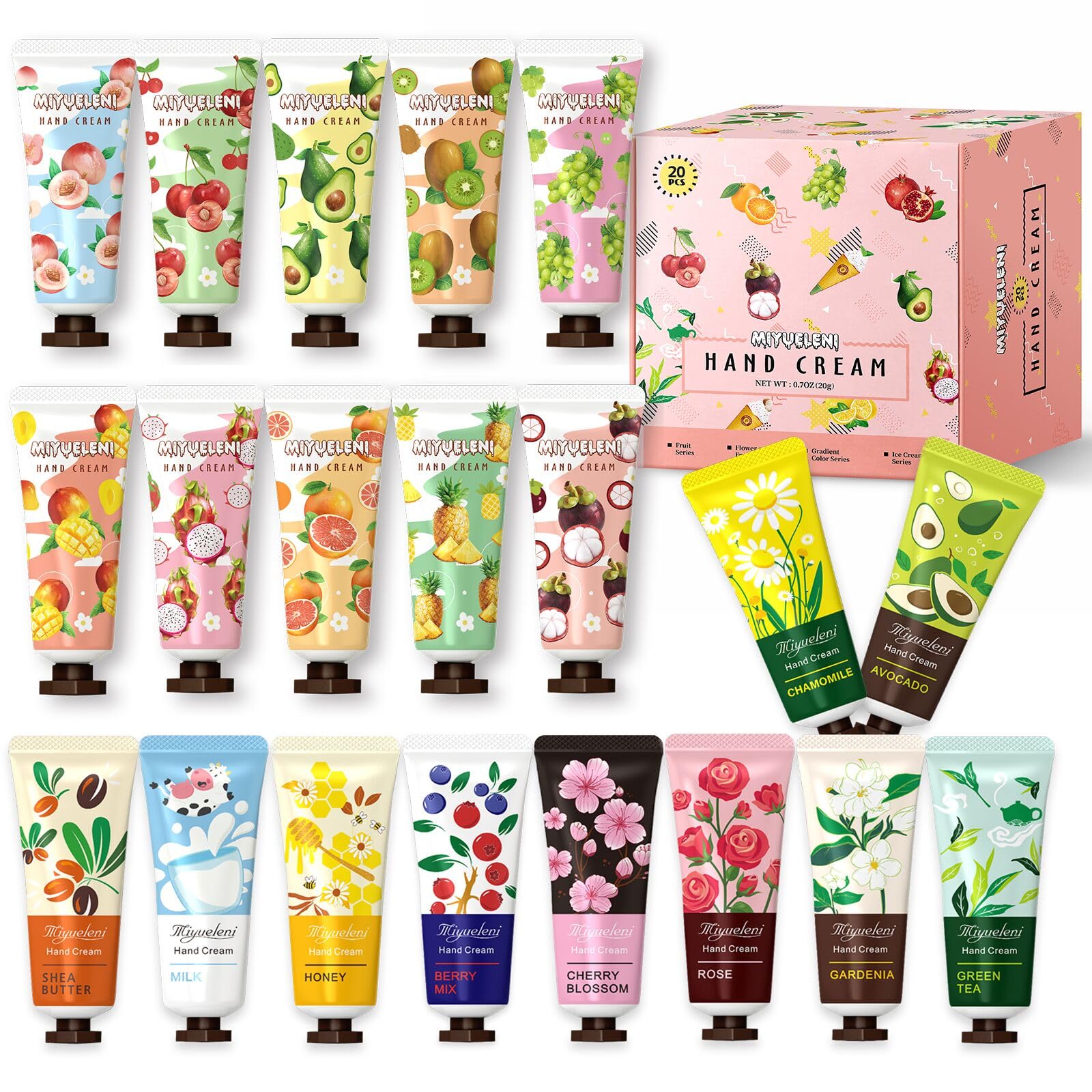 Coffret Miyueleni avec 20 crèmes mains variées, format pratique idéal en voyage.