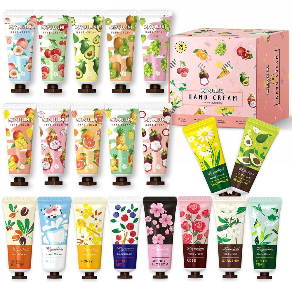 Coffret Miyueleni avec 20 crèmes mains variées, format pratique idéal en voyage.