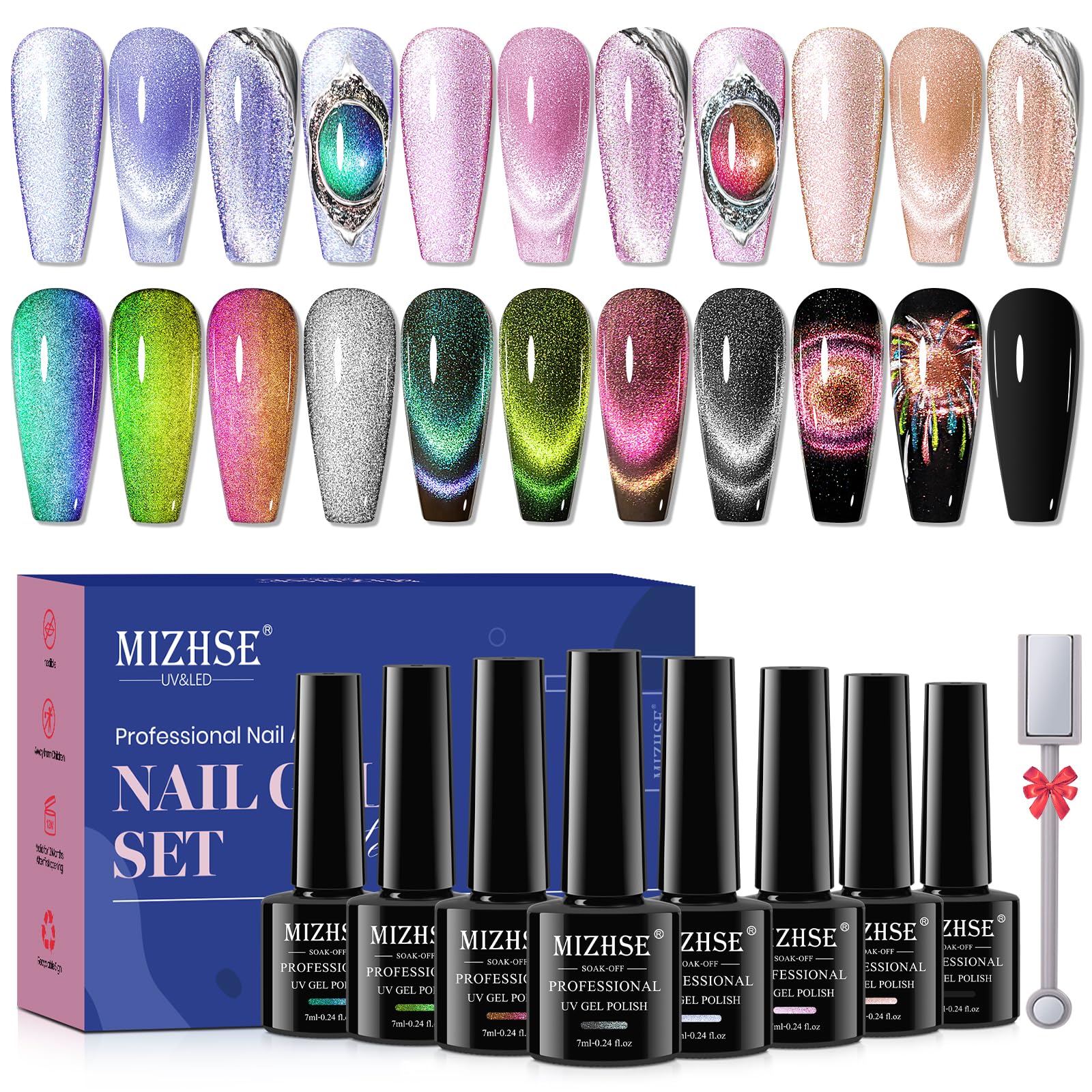 Le kit MIZHSE vernis gel œil de chat huit couleurs pour manucure à domicile.