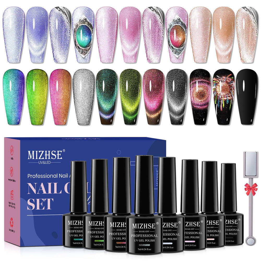 Le kit MIZHSE vernis gel œil de chat huit couleurs pour manucure à domicile.