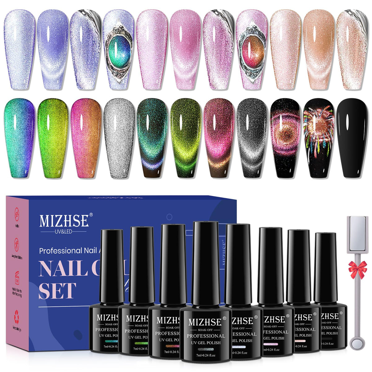 Le kit MIZHSE vernis gel œil de chat huit couleurs pour manucure à domicile.