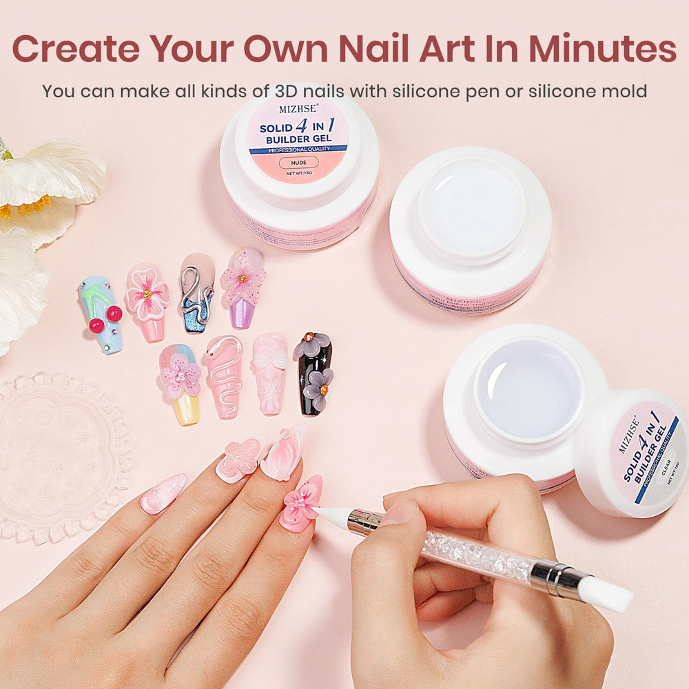 MIZHSE Gel Dur – création d'ongles en 3D et motifs sculptés.