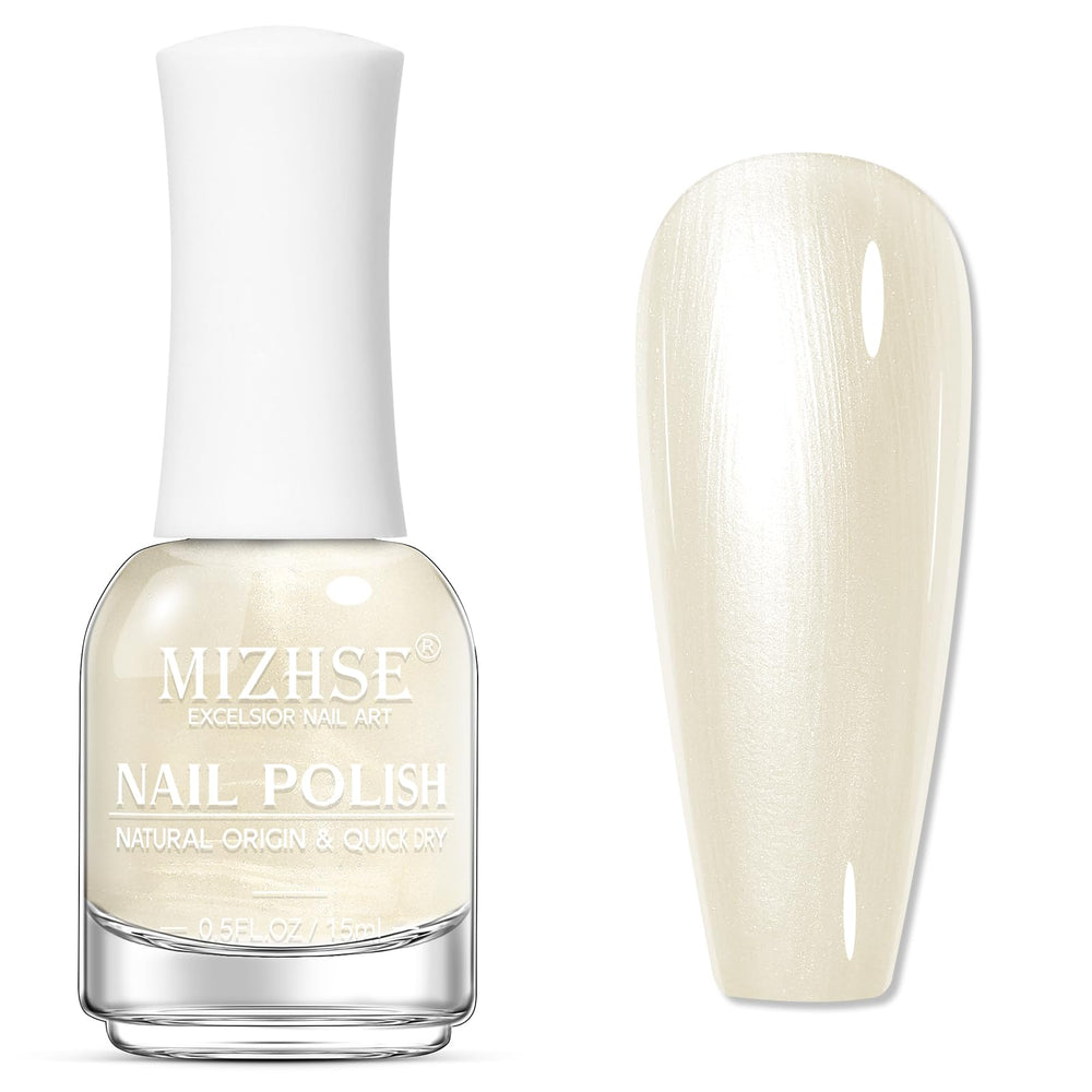 Vernis MizHSE blanc perle crème sur flacon, fini nacré élégant.