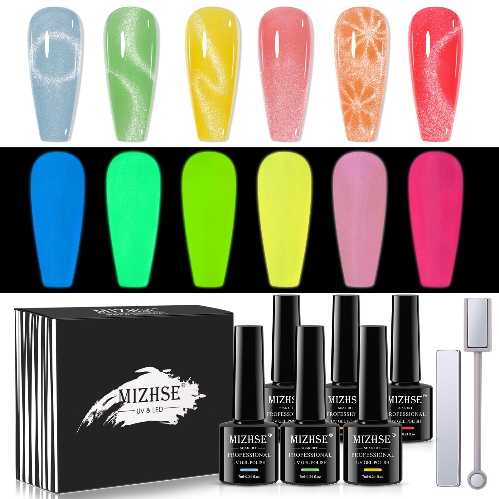 MIZHSE vernis gel effet œil-chat vert néon pour éclat nocturne
